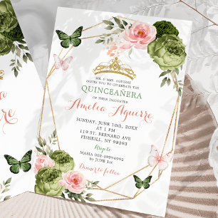 Invitation Blanc Rose Sage Vert Géométrique Floral Quinceañer