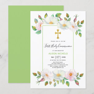 Invitation Blanc rose sauvage rose vert floral première commu
