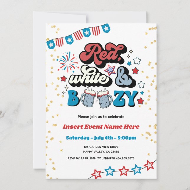 Invitation Blanc rouge et 4 juillet boozy Party Adulte (Devant)
