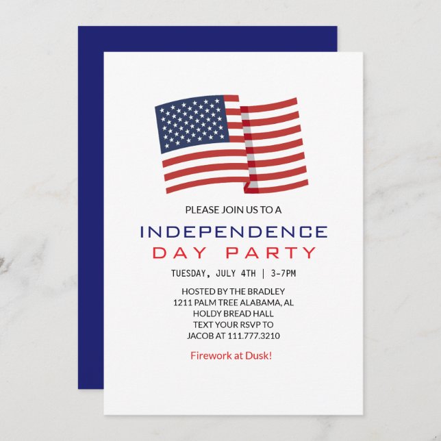 Invitation Blanc rouge et bleu 4 juillet Fête de l'Indépendan (Devant / Derrière)