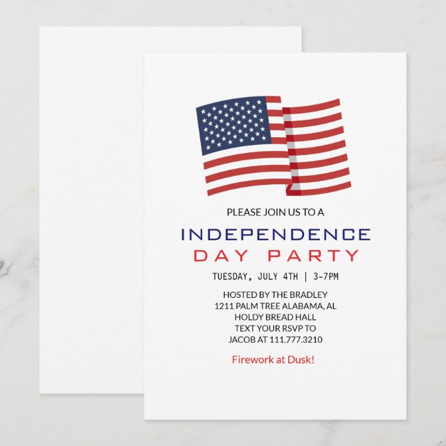 Invitation Blanc rouge et bleu 4 juillet Fête de l'Indépendan (Devant / Derrière)