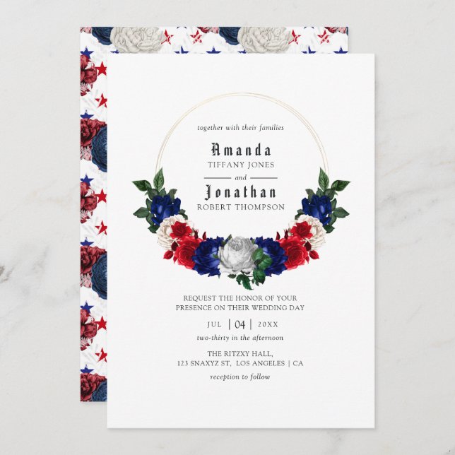 Invitation Blanc rouge et bleu 4 juillet Mariage (Devant / Derrière)