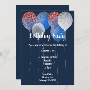 INVITATION BLANC ROUGE ET BLEUE MARINE BALLON D'ANNIVERSAIRE