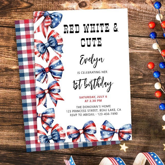 Invitation Blanc rouge et mignon Bows n'importe quel Annivers (Fourth of July themed kids birthday invitation with red white and blue hair bows)