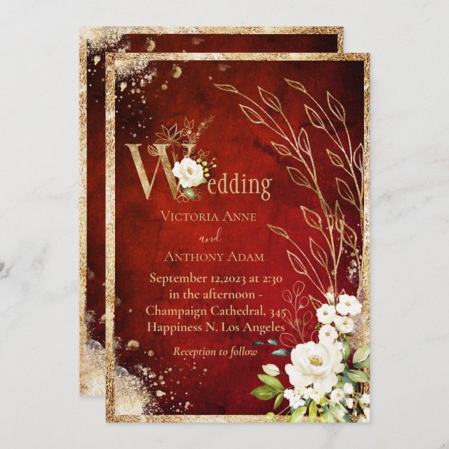 Invitation Blanc Rouge or Botanique Floral Rustique Mariage (Devant / Derrière)