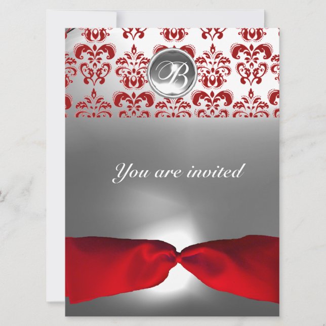 INVITATION BLANC RUBAN ROUGE DAMAS GRAIN MONOGRAMME (Devant)