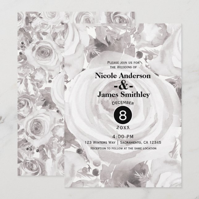 Invitation Blanc Rustique Roses d'hiver Élégant mariage (Devant / Derrière)