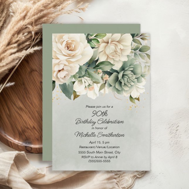Invitation Blanc Sage Vert Floral Or 90e Anniversaire (White and sage green floral 90th birthday party invitation)