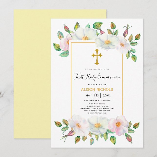 Invitation Blanc sauvage rose jaune floral première communion (Devant / Derrière)