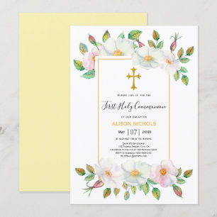 Invitation Blanc sauvage rose jaune floral première communion