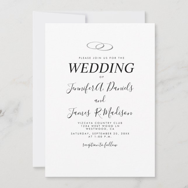 Invitation Blanc simple avec anneaux Mariage (Devant)