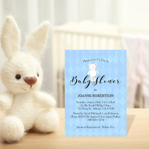 Invitation Blanc Teddy Bear Diamond Baby shower bleu