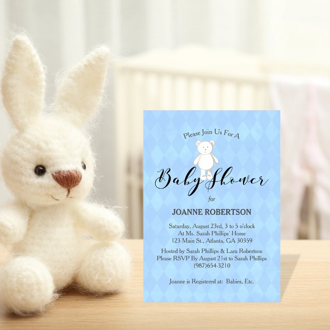 Invitation Blanc Teddy Bear Diamond Baby shower bleu (Créateur téléchargé)