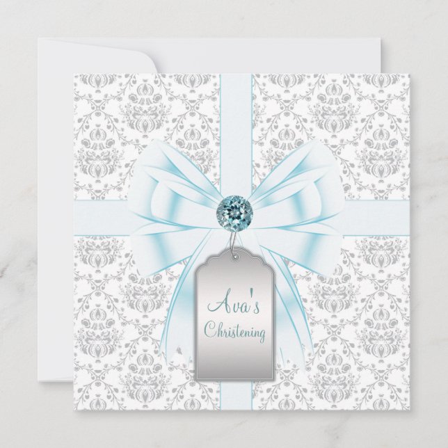 Invitation Blanc Turquoise bleu Damask Baby Baptême Christeni (Devant)