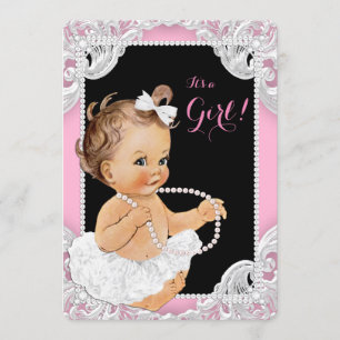 Invitation Blanc Tutu Rose Black Pearl Baby Girl Douche