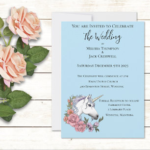 Invitation Blanc Unicorne rose Fleurs Bleu