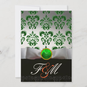 Invitation BLANC VERT DAMAS & TRÈFLE MONOGRAMME OR Orange