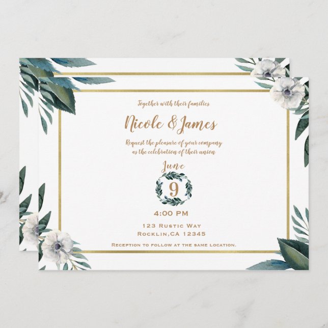 Invitation Blanc Vert Feuille Anémone Mariage Floral (Devant / Derrière)