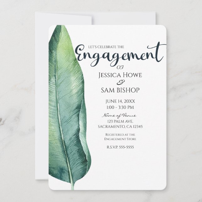 Invitation Blanc & Vert Feuille Tropicale Élégant Engagement (Devant)