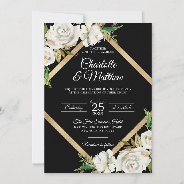 Invitation Blanc Vintage Floral Mariage +Détails RSVP (Devant)