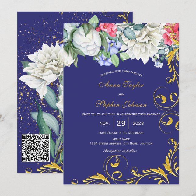 Invitation Blanc Violet Bleu Rose Or Tourbillons Botanique (Devant / Derrière)