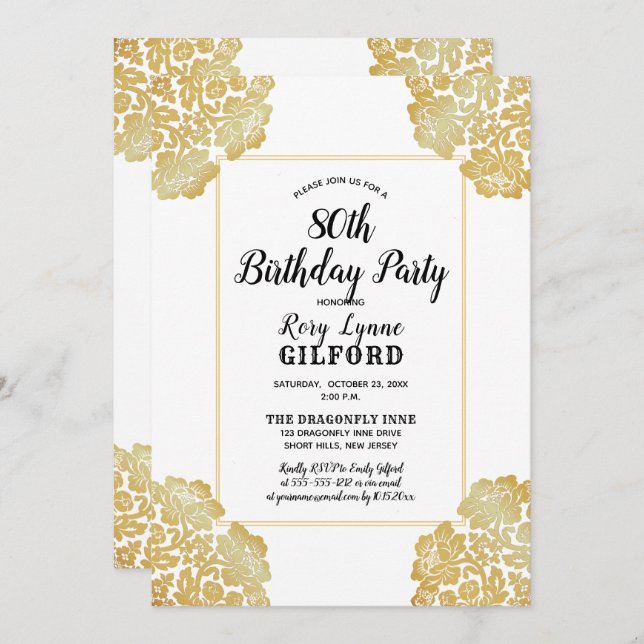 Invitation BLANCHE | Gold Victorian Lace 80th Birthday Party (Devant / Derrière)