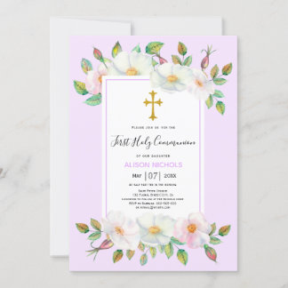 Invitation Blanche rose lavande florale Première communion
