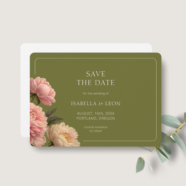 Invitation BLANCHE | Rose vert olive moderne Sauvez la date (Créateur téléchargé)