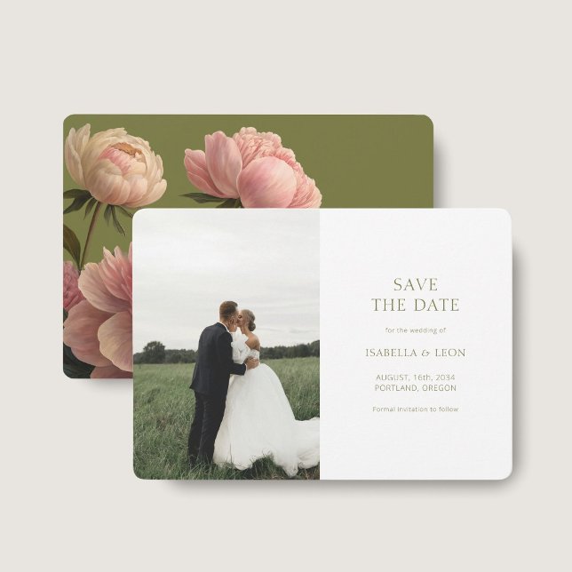 Invitation BLANCHE | Rose vert olive moderne Sauvez la date (Créateur téléchargé)