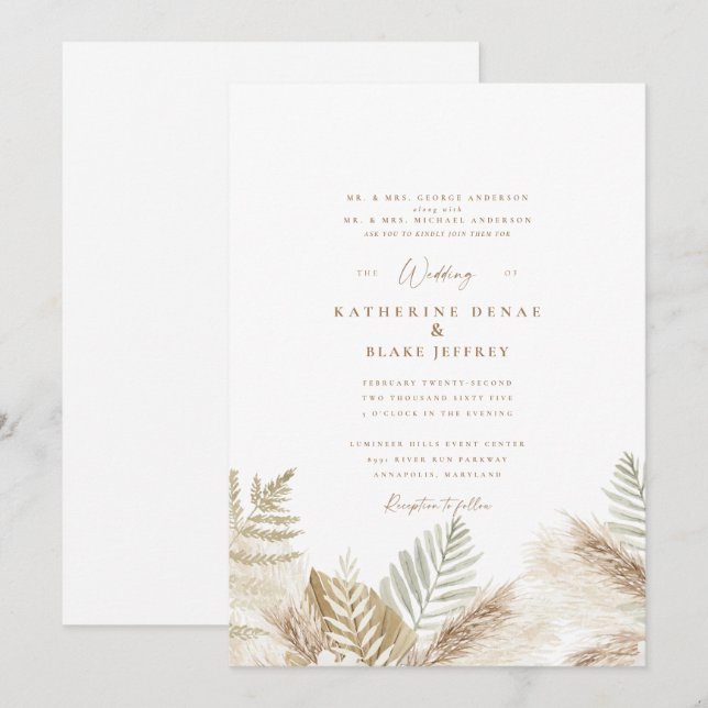 Invitation blanche simplement élégante avec Pampas (Devant / Derrière)