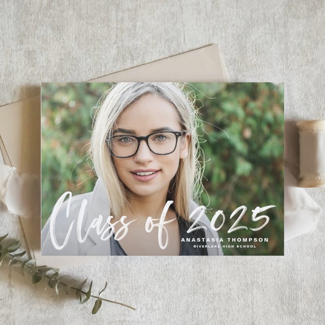 Invitation Blancs 2025 Brush Lettering (Customizable photo graduation announcement featuring brush lettering.)