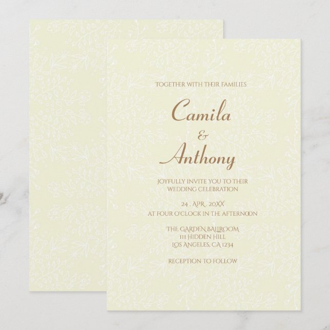 Invitation Blancs Beige motif Floral Impression complète Bord (Devant / Derrière)
