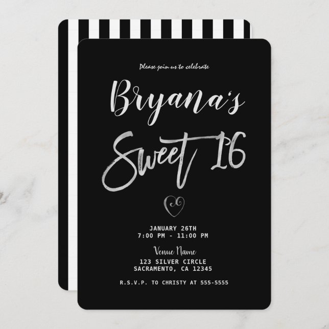 Invitation Blancs et Noirs Coeur argenté Chic Sweet 16 (Devant / Derrière)