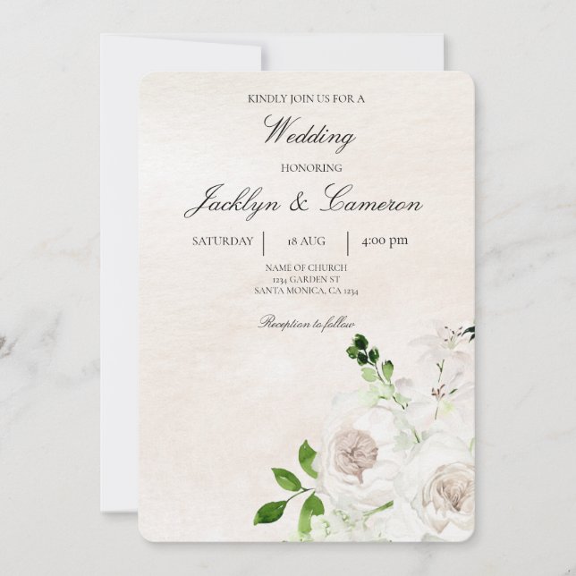 Invitation Blancs et verts Floral Mariage beige (Devant)