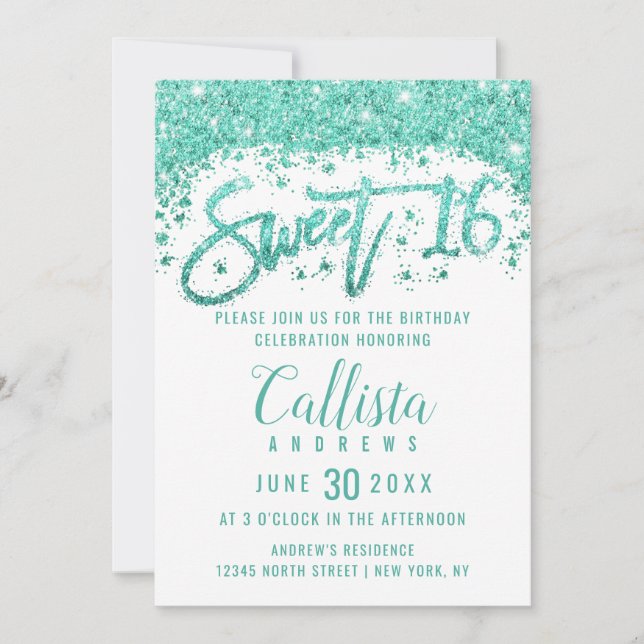 Invitation Blancs glamour Parties scintillant Turquoise Dust  (Devant)