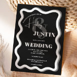 Invitation Blancs noir courbe squiggle ondulée photo mariage<br><div class="desc">Un cool en caractères gras faire-part de mariage avec des noms personnalisés avec une calligraphie manuscrite et une police serif, 2 noms, deux styles avec blanc sur courbe noire squiggle ondulé photo mariage. Tous les textes, noms et couleurs arrière - plans sont personnalisables pour vous permettre de mélanger et de...</div>