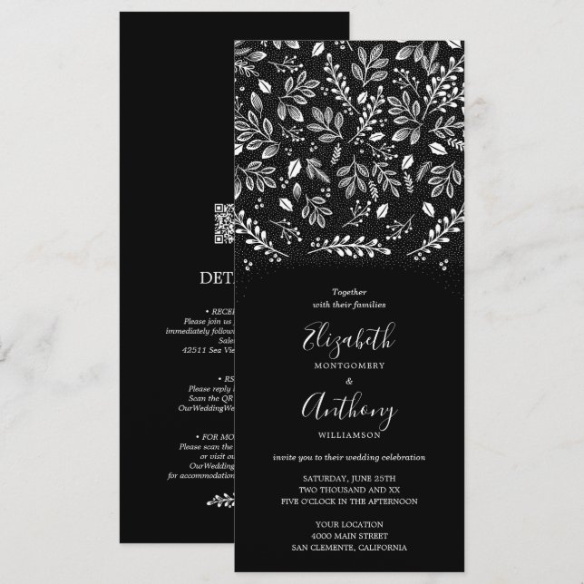 Invitation Blancs Noirs Botanique Tout en un Mariage Inviter (Devant / Derrière)