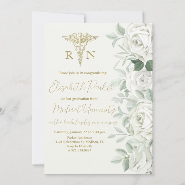 Invitation Blancs Roses Soins Infirmières Parti de Graduation (Devant)