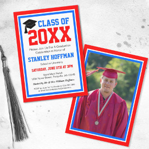 Invitation Blancs rouges et Bleus Photo Graduation Party