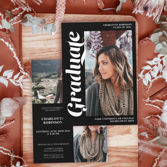 Invitation Blancs sur script noir 3 diplôme photo (Créateur téléchargé)