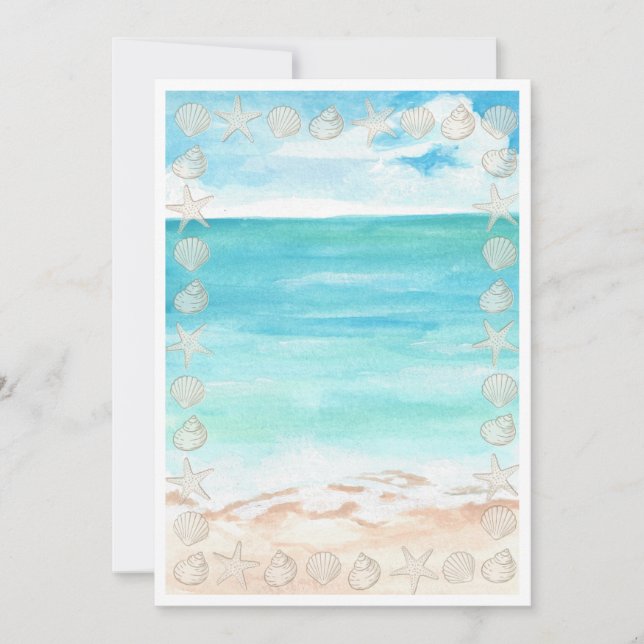 Invitation Blank Seaside seashell Summer Blue Elegant Pretty (Devant)