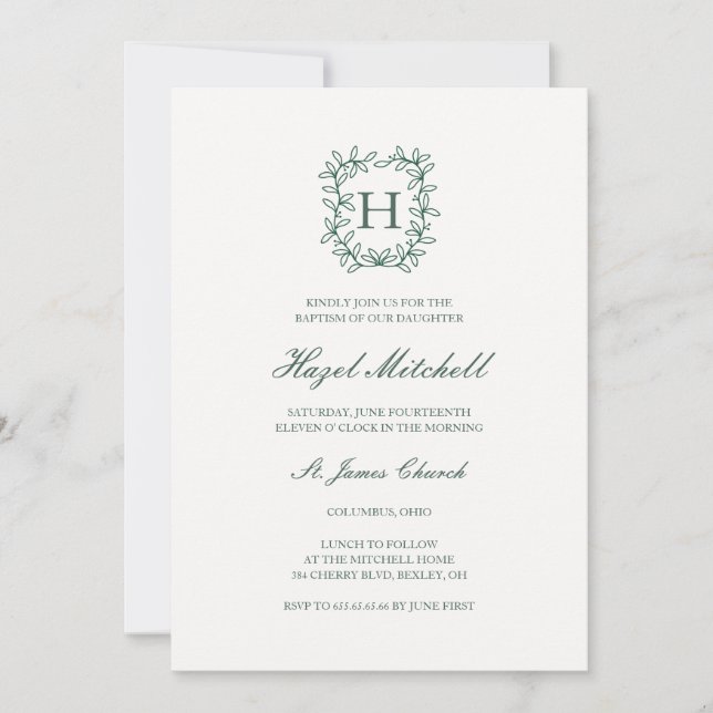 Invitation Blason botanique monogramme baptême (Devant)