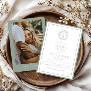 Invitation Blason botanique vert sauge monogramme mariage