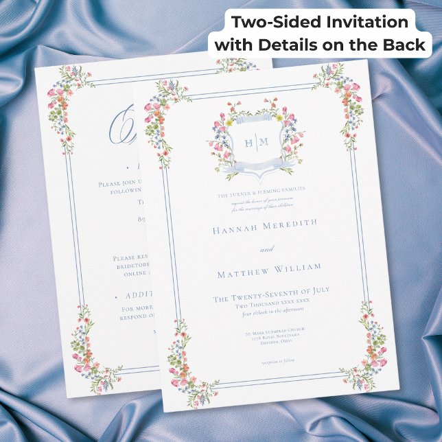 Invitation Blason de Fleur de Pâtes Bleu Élégant Mariage Rect (Elegant Blue Pastel Flower Crest Wedding Two Sided Invitation)