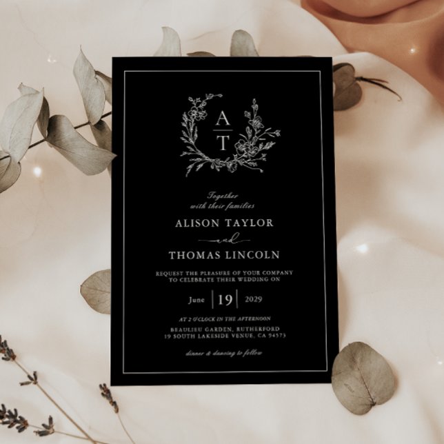 Invitation Blason de fleur sauvage élégant Monogramme Mariage (Créateur téléchargé)
