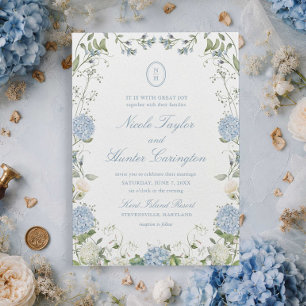 Invitation Blason de mariage à monogramme d'hortensia bleu po