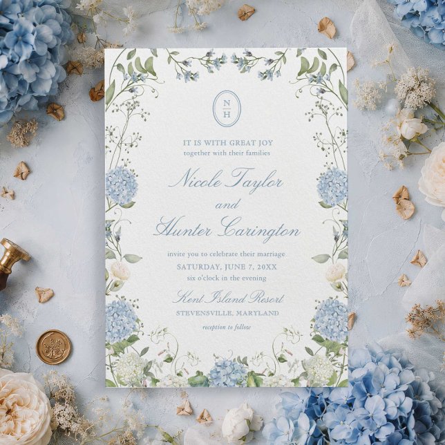 Invitation Blason de mariage à monogramme d'hortensia bleu po (Créateur téléchargé)