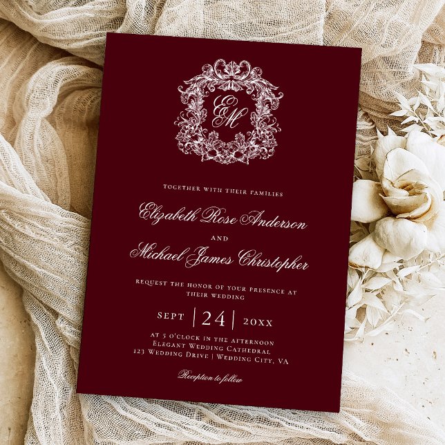 Invitation Blason de mariage élégant à monogramme en bordeaux (Créateur téléchargé)
