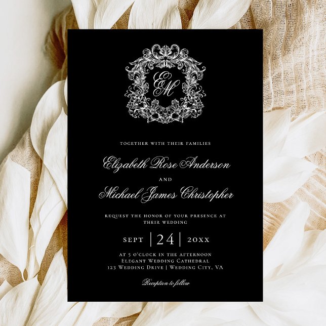 Invitation Blason de mariage élégant à monogramme noir (Créateur téléchargé)