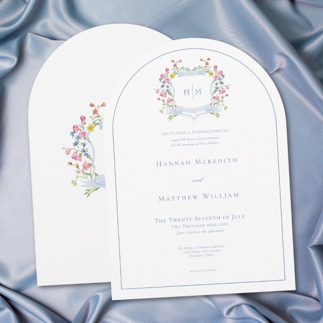 Invitation Blason de mariage élégant aux tons pastel bleu pou (Elegant Dusty Blue Pastel Wildflower Crest Arch Wedding Invitation)